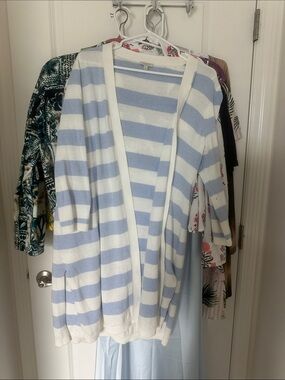 Talbots Light Blue and White Striped Open Cardigan